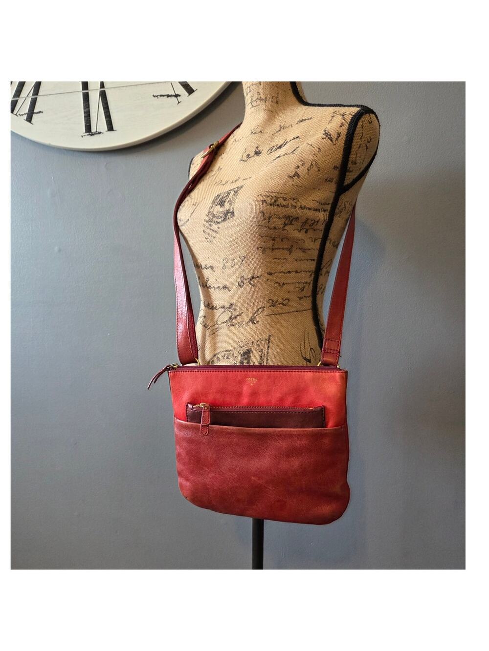 Fossil leather pink crossbody purse multi pocket medium purse